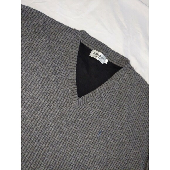 Vtg Yves Saint Laurent Pour Homme Boxy Fit Baggy Sz L Wool Sweater Gray Rib Knit - Picture 8 of 8